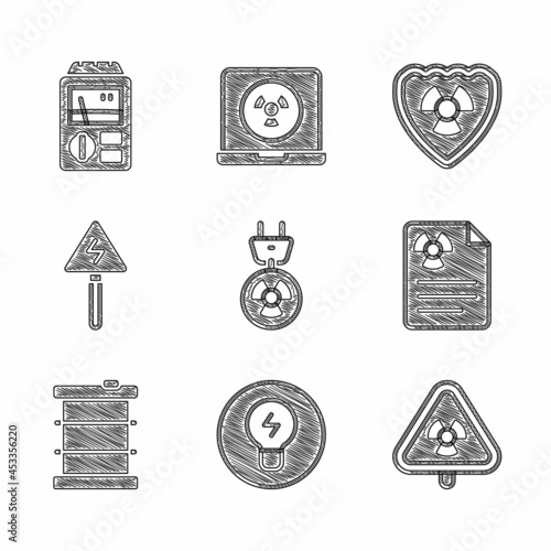 Set Radiation electrical plug, Light bulb with concept of idea, Triangle radiation, warning document, Radioactive waste barrel, High voltage sign, shield and Dosimeter icon. Vector