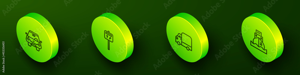 Set Isometric line Car, Road traffic signpost, Delivery cargo truck and Cargo ship icon. Vector Set Isometric line Car, Road traffic signpost, Delivery cargo truck and Cargo ship icon. Vector