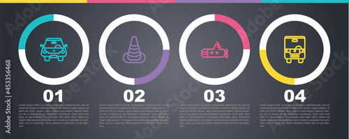 Set line Car, Traffic cone, Submarine and Bus. Business infographic template. Vector