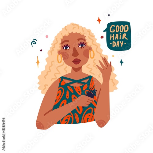 Illustration of cute latina girl with wavy blonde hair. Girl uses a comb for curly hair . Banner avatar woman. Curly girl method concept. Vector