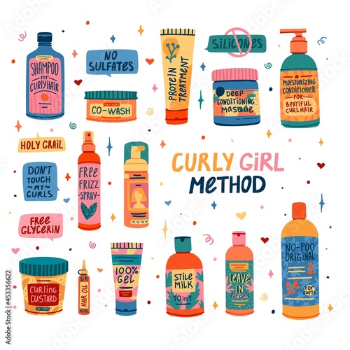 Set of cosmetics for curly hair routine. Illustration for curly girl method. Hair care bottle styling, cleansing, treatment for kinky hair. Doodle style. Vector