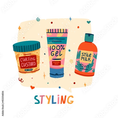 llustration of cosmetics for curly hair. Curly girl method. Bottle milk, custard and gel for styling hair. Concept design to hair care. Vector