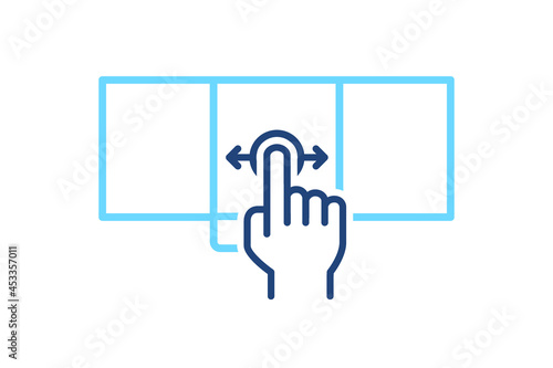 Mobile phone with interface carousel in left and right sides. Smartphone with phone swipe gesture blue line icon. Simple social media element