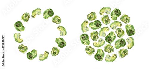 Round frame and arrangement of green bell peppers  isolated on white. Watercolour illustration. For labels  cookbook  menu  recipe and packaging design.