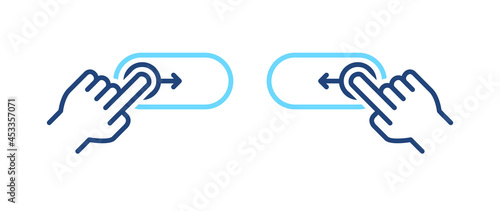 Set of right, left phone swipe gestures. On, off toggle slider blue line icons. Lock and unlock control symbols