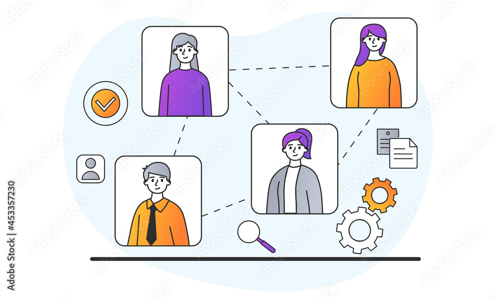 Building team concept. Professional recruitment and hiring with specific skills for job. Close knit team of company employees. Cartoon doodle flat vector illustration isolated on a white background Building team concept. Professional recruitment and hiring with specific skills for job. Close knit team of company employees. Cartoon doodle flat vector illustration isolated on a white background