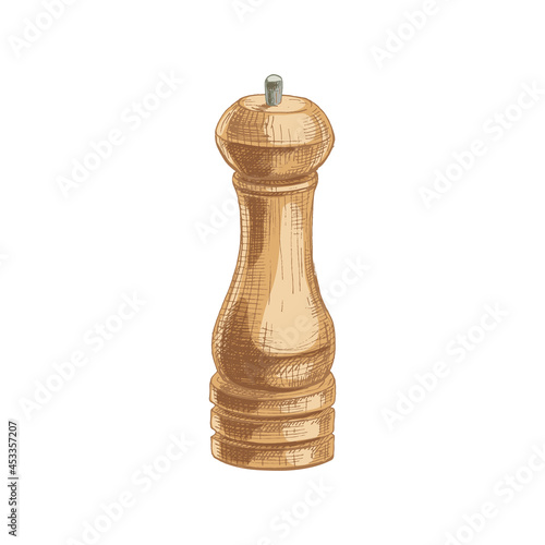 Wood pepper mill. Vector vintage hatching color illustration. Isolated on white