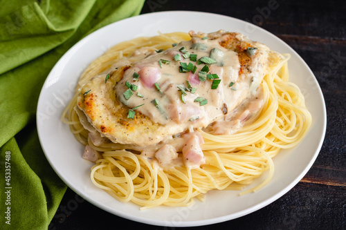 Chicken Cutlets Served Over Angel Hair Pasta with a Creamy Mustard-Shallot Sauce: Chicken breasts in mustard cream sauce served over capellini pasta