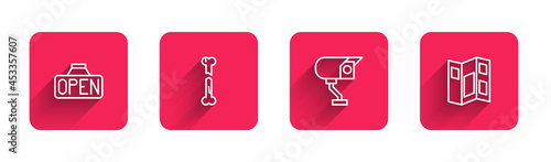 Set line Hanging sign with Open, Human broken bone, Security camera and Museum guide brochure with long shadow. Red square button. Vector