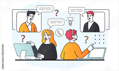 Call center concept. Hotline operators in headphones help to solve user. Telemarketing, consultation and assistance perspective. Cartoon doodle flat vector illustration isolated on white background