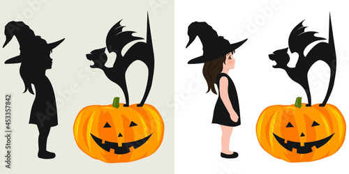 Halloween theme, girl with cat, vector artwork