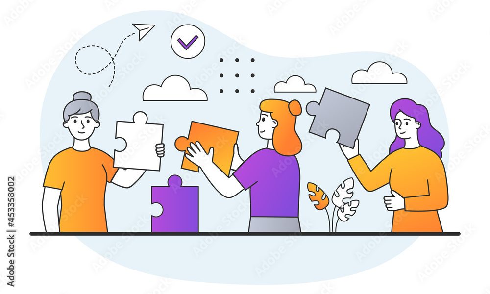 Concept of partnership and teamwork. Employees of company connect pieces of puzzle. Metaphor of cooperation and collaboration. Cartoon doodle flat vector illustration isolated on white background Concept of partnership and teamwork. Employees of company connect pieces of puzzle. Metaphor of cooperation and collaboration. Cartoon doodle flat vector illustration isolated on white background