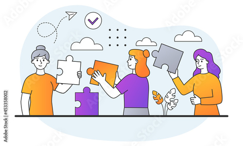 Fototapeta Naklejka Na Ścianę i Meble -  Concept of partnership and teamwork. Employees of company connect pieces of puzzle. Metaphor of cooperation and collaboration. Cartoon doodle flat vector illustration isolated on white background