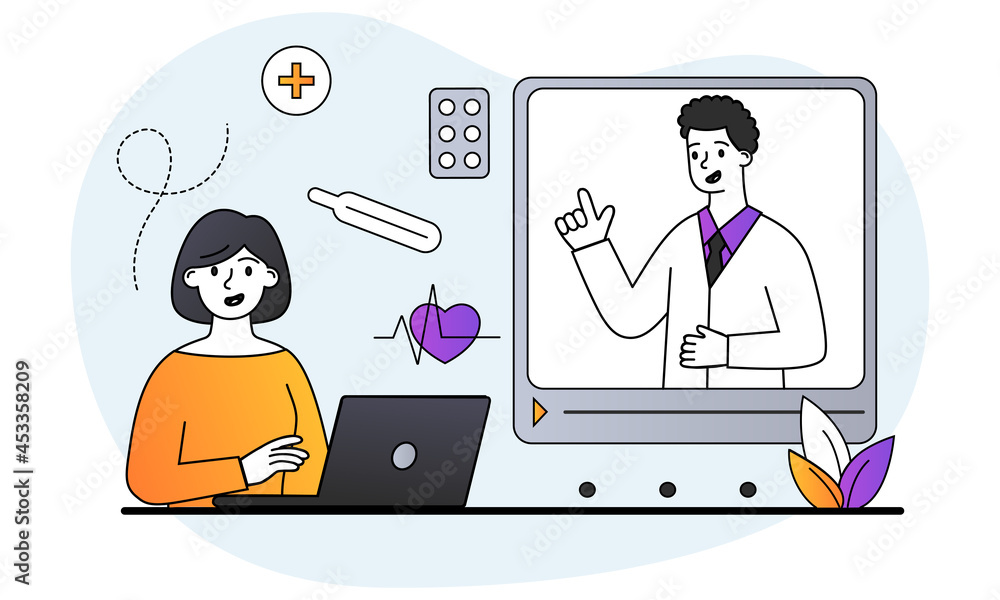 Consulting doctor online. Woman communicates with doctor by video link. Therapist makes diagnosis and prescribes treatment online. Cartoon doodle flat vector illustration isolated on white background Consulting doctor online. Woman communicates with doctor by video link. Therapist makes diagnosis and prescribes treatment online. Cartoon doodle flat vector illustration isolated on white background