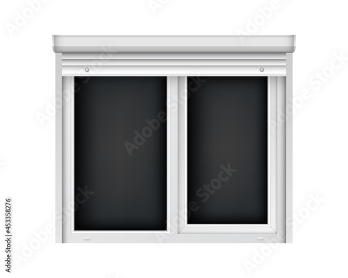 Realistic double plastic window with open blind. White roller shutter with plastic window. Large open windows isolated on white background.