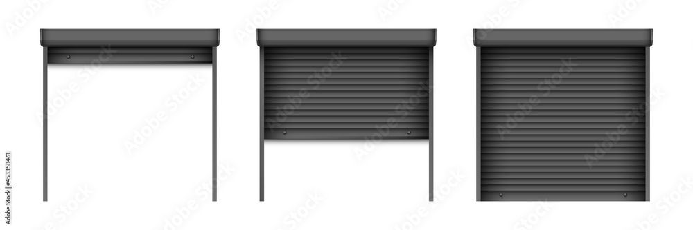 Black roller shutter gate set. Open and closed roller shutter doors for security decoration design. Metal industrial shutter doors. Black roller shutter gate set. Open and closed roller shutter doors for security decoration design. Metal industrial shutter doors.