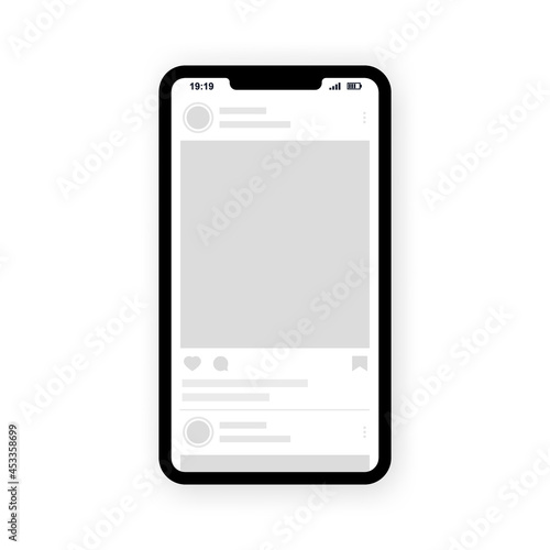 Interface post feed with smartphone. Social network photo frame mockup template. Webpage interface design
