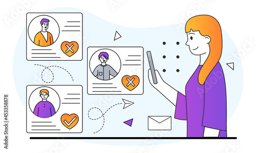 Dating app concept. Woman with phone in hands looking for suitable guy on Internet. Questionnaires of free men with crosses and ticks. Cartoon flat vector illustration isolated on white background