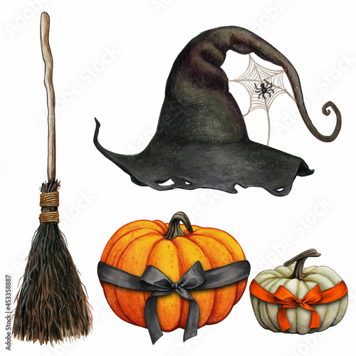 Watercolor hand drawn halloween witch themed icons