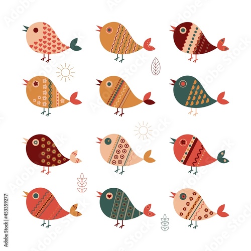 Set of 12 cute colorful cartoon birds. Funny illustration of birds on white background. Can be used for baby shower, kids design, birthday cards, invitations, print, textile. vector
