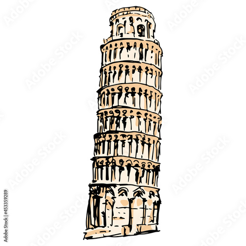 Leaning tower of Pisa. Architecture of Italian Renaissance. Hand drawn colored sketch. Isolated vector illustration.