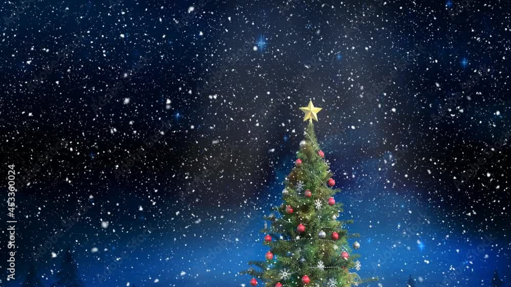 Snow falling over christmas tree against shining blue stars in the night sky Snow falling over christmas tree against shining blue stars in the night sky