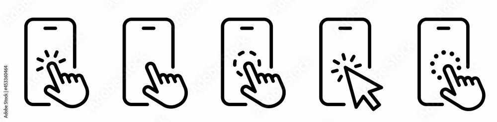 Hand touch screen smartphone. Mobile phone touch screen icon. Click on the smartphone. Vector illustration. - obrazy, fototapety, plakaty 
