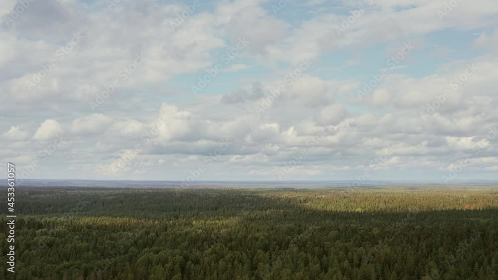 Horizon over forest with cloudy sky long aerial panoramic view. Camera orbiting slowly from right to left Horizon over forest with cloudy sky long aerial panoramic view. Camera orbiting slowly from right to left