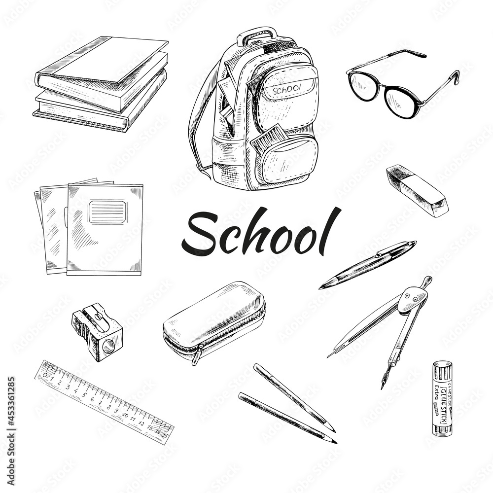 Back to School. Hand drawn Illustration. Vector set of school items. School illustration. Back to School. Hand drawn Illustration. Vector set of school items. School illustration.