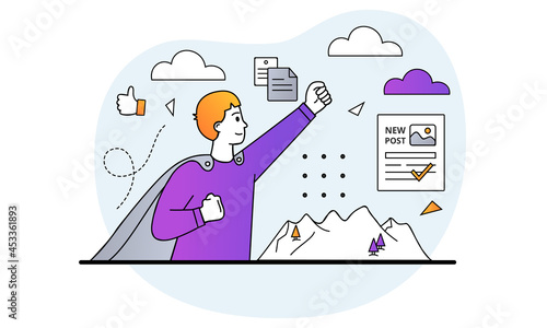 Creating posts concept. Man in superhero raincoat happy about successful article in newspaper. Profession of copywriter and journalist. Cartoon doodle flat vector illustration on white background