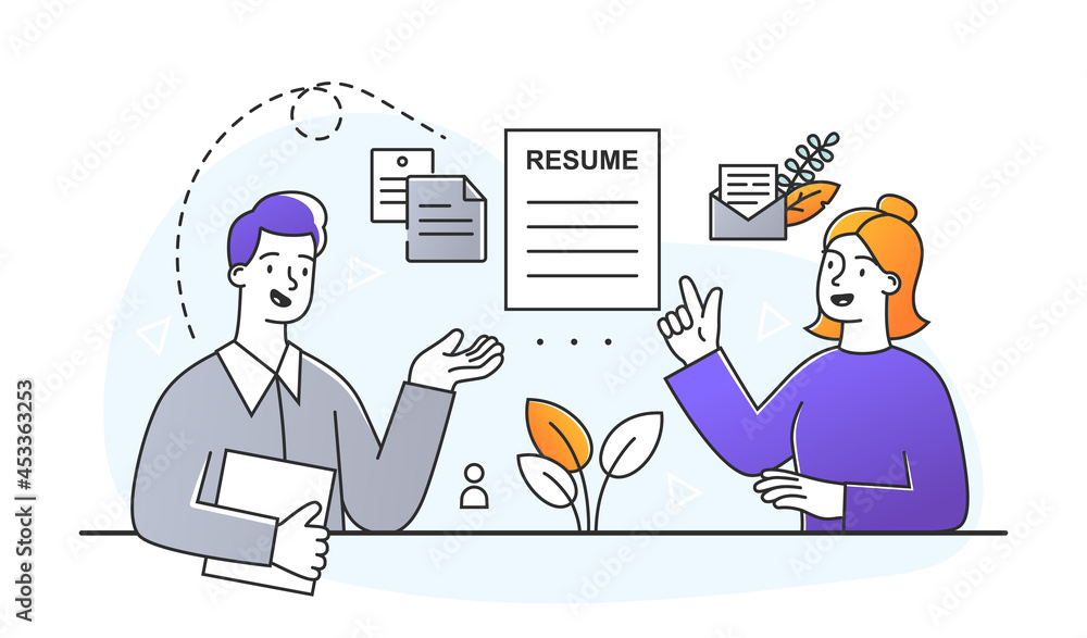 Job interview concept. Employee of human resources department considering candidate for position. Man reads resume and makes decision. Cartoon doodle flat vector illustration on white background