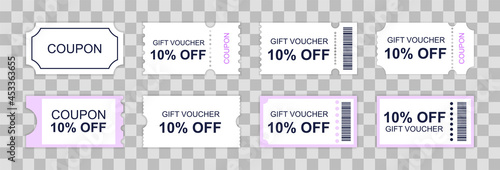 Coupon ticket card. Minimalistic discount coupon template of various shapes on transparent background. Barcode for verification. Light design element for printing on paper. Special offer for customers