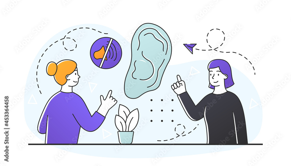 Sign language concept. Deaf friends talk using hand gesture. Large ear with sign of absence of sound. Communication with hearing loss. People with disabilities. Cartoon doodle flat vector illustration Stock Vector | Sign language concept. Deaf friends talk using hand gesture. Large ear with sign of absence of sound. Communication with hearing loss. People with disabilities. Cartoon doodle flat vector illustration Stock Vector |
