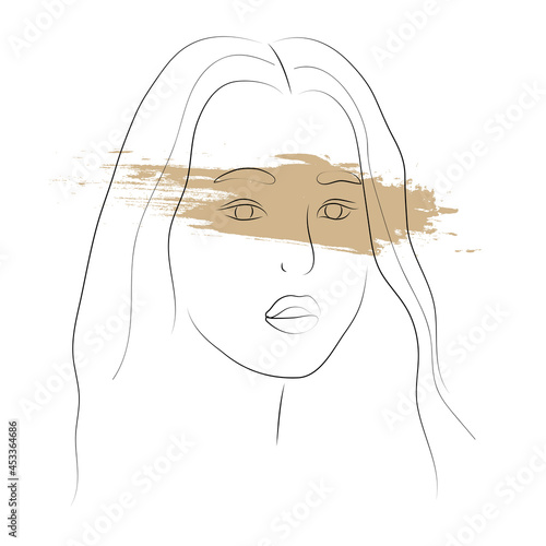 Portrait of a beautiful young sad Asian woman. Modern line art with grunge stain om white