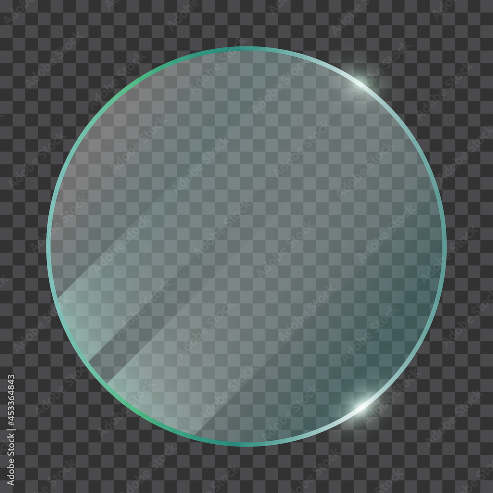 Realistic glass circle plate isolated on transparent background. Clear glossy acrylic plate. Banner plexiglass with reflections. Transparent glass window in round frame. 3d vector illustration Realistic glass circle plate isolated on transparent background. Clear glossy acrylic plate. Banner plexiglass with reflections. Transparent glass window in round frame. 3d vector illustration