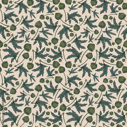 Seamless botanical beige pattern with hibiscus buds 