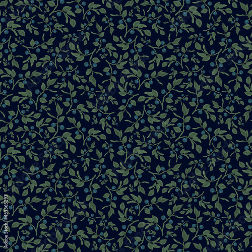 Seamless botanical dark pattern with blueberry branches
