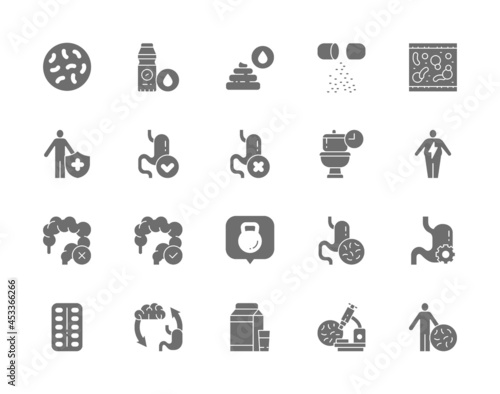 Set of Probiotic Grey Icons. Lactobacilli, Bifidobacteria, Vitamins and more.