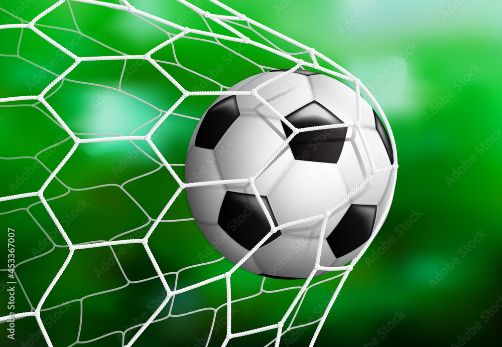 Naklejka premium Realistic Soccer football ball in the goal net on the green grass background, vector illustration