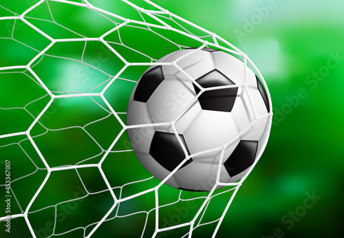 Realistic Soccer football ball in the goal net on the green grass background, vector illustration