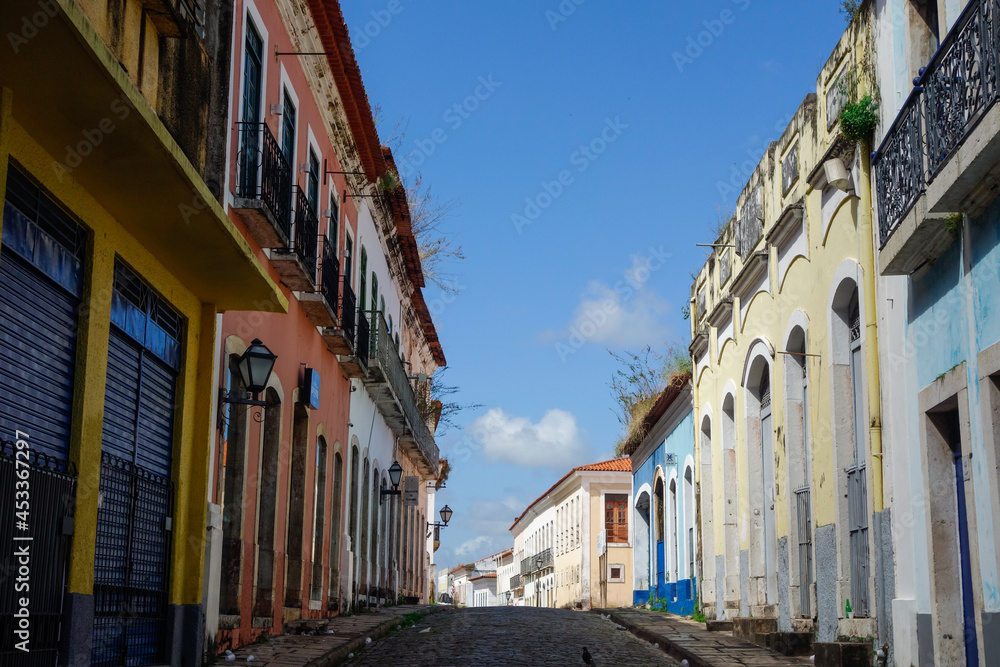 streetview of historic colonial buildings in Sao Luis downtown, Maranhao, Brazil