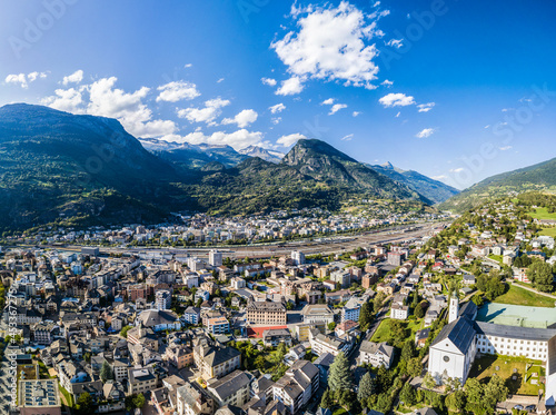 Slika na platnu Aerial panorama image of the Swiss alpine town Brig in Canton Valais