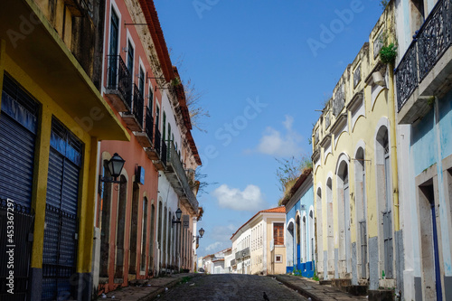 streetview of historic colonial buildings in Sao Luis downtown  Maranhao  Brazil