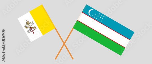 Crossed flags of Vatican and Uzbekistan. Official colors. Correct proportion