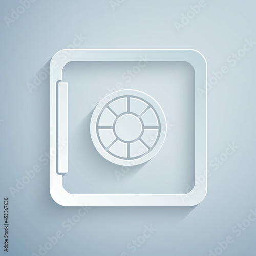 Paper cut Safe icon isolated on grey background. The door safe a bank vault with a combination lock. Reliable Data Protection. Paper art style. Vector
