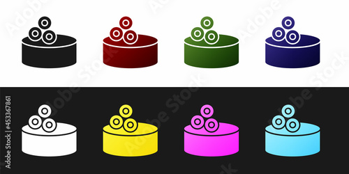 Set Tin can with caviar icon isolated on black and white background. Vector.