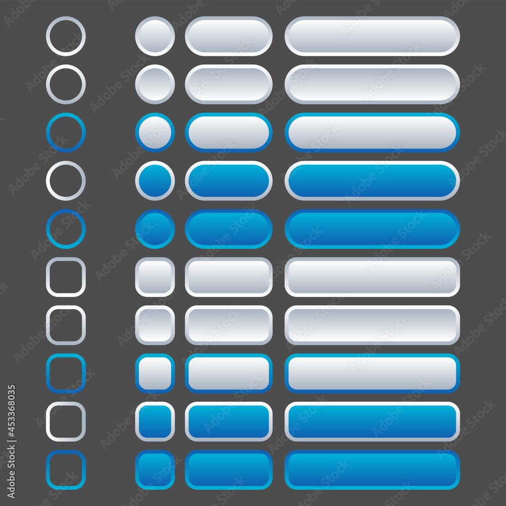 White and blue buttons in neomorphism (neumorphism) style. Easy editable vector isolated illustration. 
