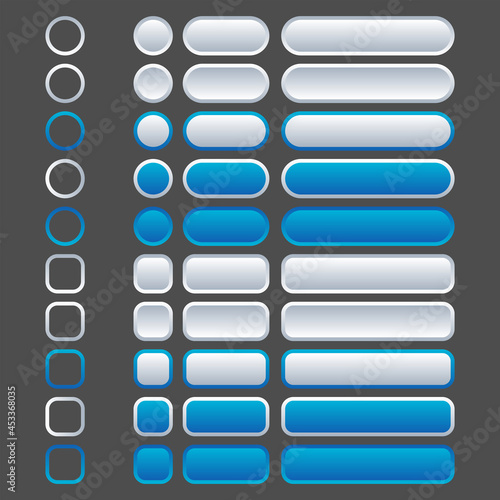 White and blue buttons in neomorphism (neumorphism) style. Easy editable vector isolated illustration. 