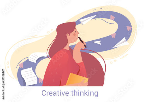 Young female character is using creative thinking for better writing on white background. People trying to do their work having different mental mindset types. Flat cartoon vector illustration photo