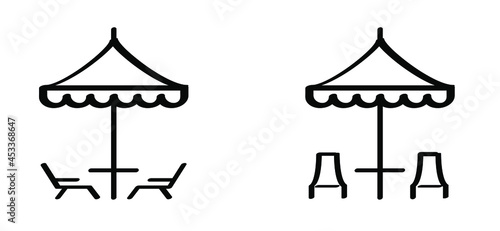 Cartoon deck chair or beach chair. Table under umbrella. Chaise longue garden chair pictogram. Flat vector icon or sign. Holiday, vacation and tourism, summer time symbol